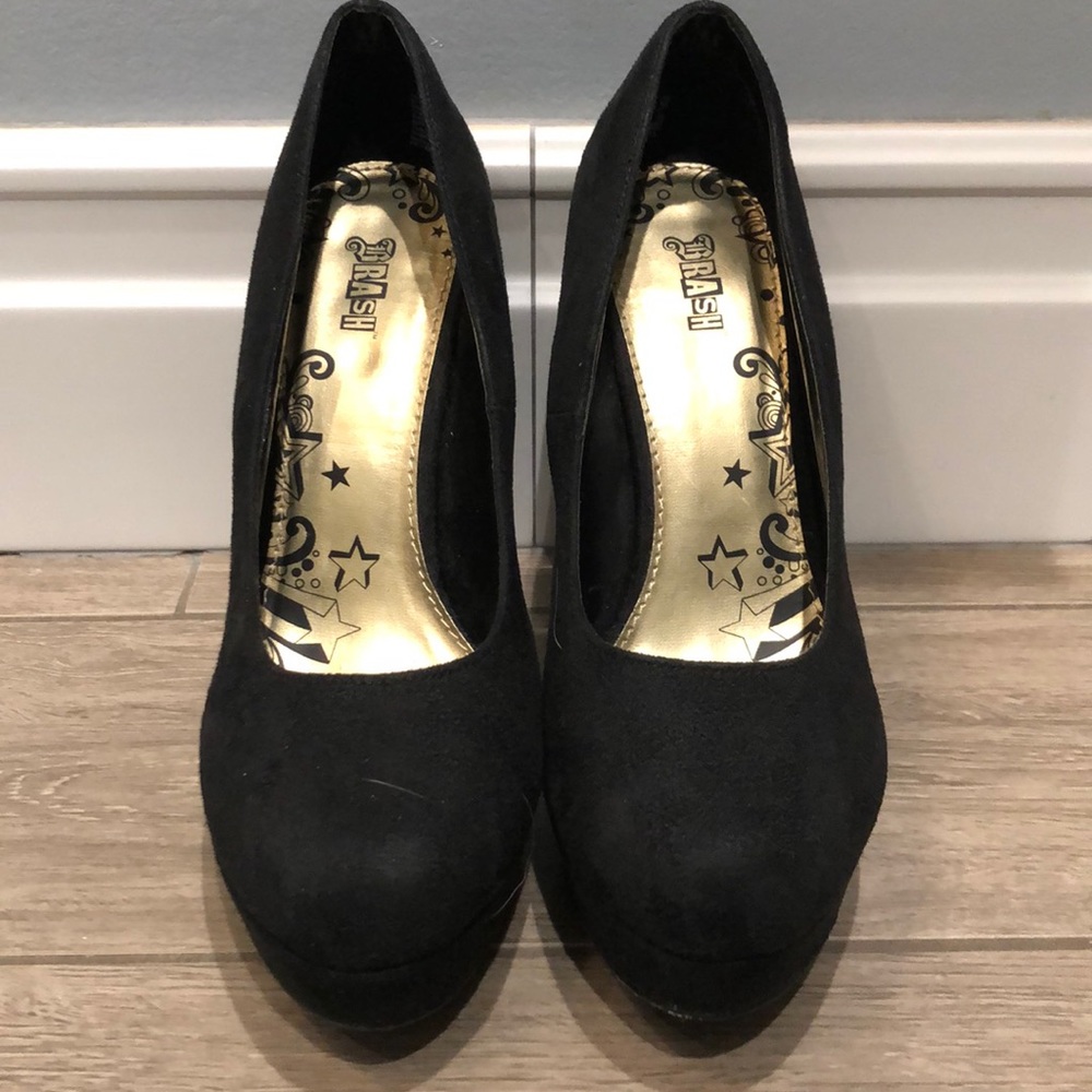 Black suede platform heels